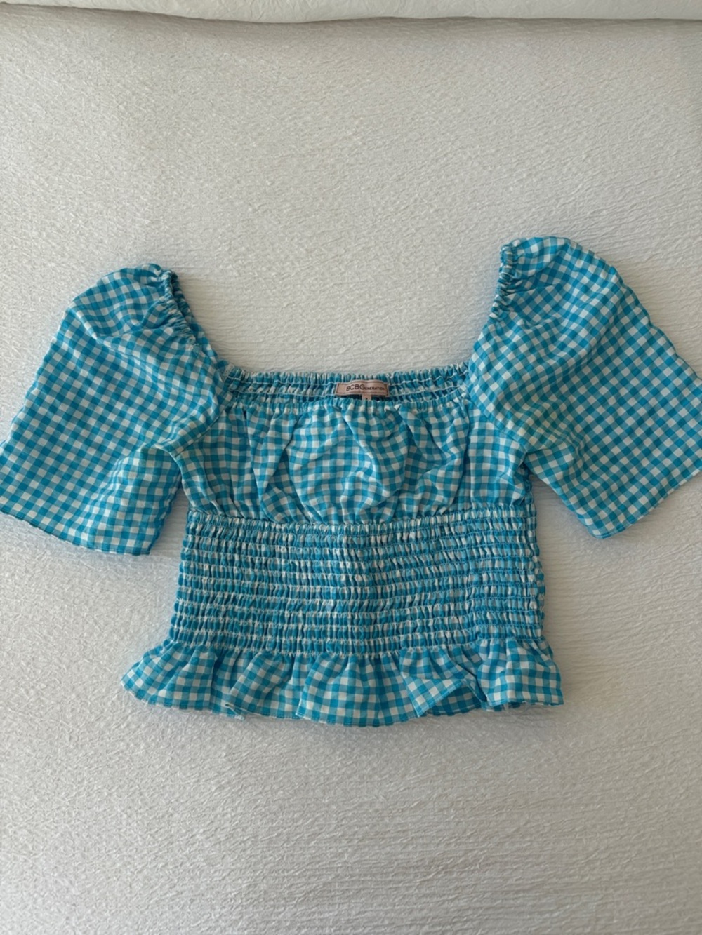 BCBGeneration Turquoise Gingham Smocked Puff Sleeve Top